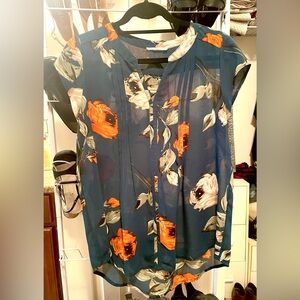 Women’s Fun2Fun Sheer Blouse, size Large, Hunter Green with Large Floral Print